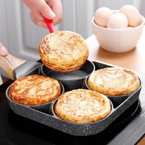 4 hole non stick frying pan with wooden handle. Frying pan for burgers and eggs